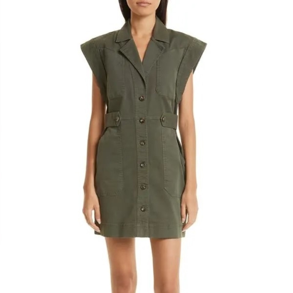 Veronica Beard Jax Button Front Twill Army Green Mini Cargo Shirtdress Sz 4 (S)
